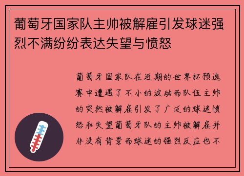 葡萄牙国家队主帅被解雇引发球迷强烈不满纷纷表达失望与愤怒