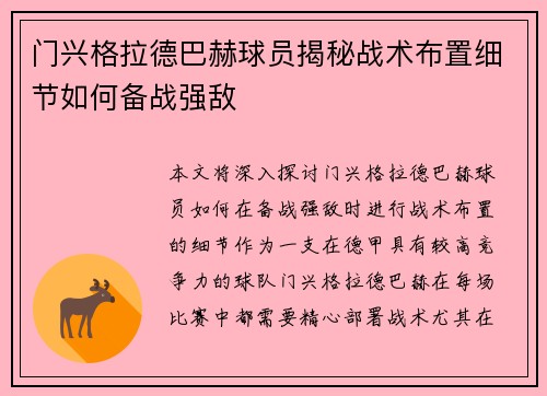 门兴格拉德巴赫球员揭秘战术布置细节如何备战强敌