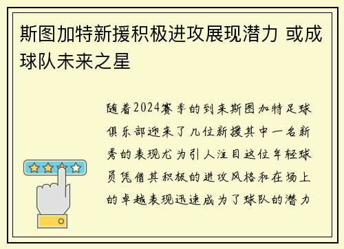 斯图加特新援积极进攻展现潜力 或成球队未来之星