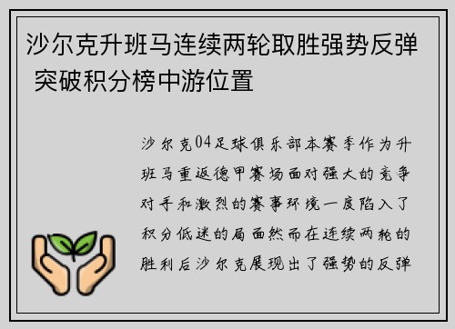 沙尔克升班马连续两轮取胜强势反弹 突破积分榜中游位置