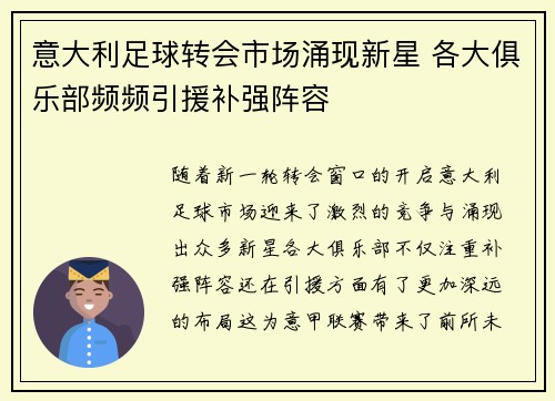 意大利足球转会市场涌现新星 各大俱乐部频频引援补强阵容