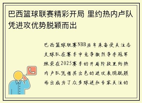 巴西篮球联赛精彩开局 里约热内卢队凭进攻优势脱颖而出